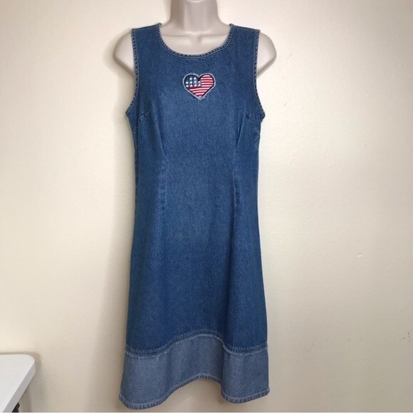 Vintage Expressions Denim Dress Jumper Flag Heart Distressed Sleeveless Size 6 - Picture 10 of 10
